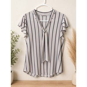 Adrianna Papell Beige Gray Striped Tie Neck Blouse XL